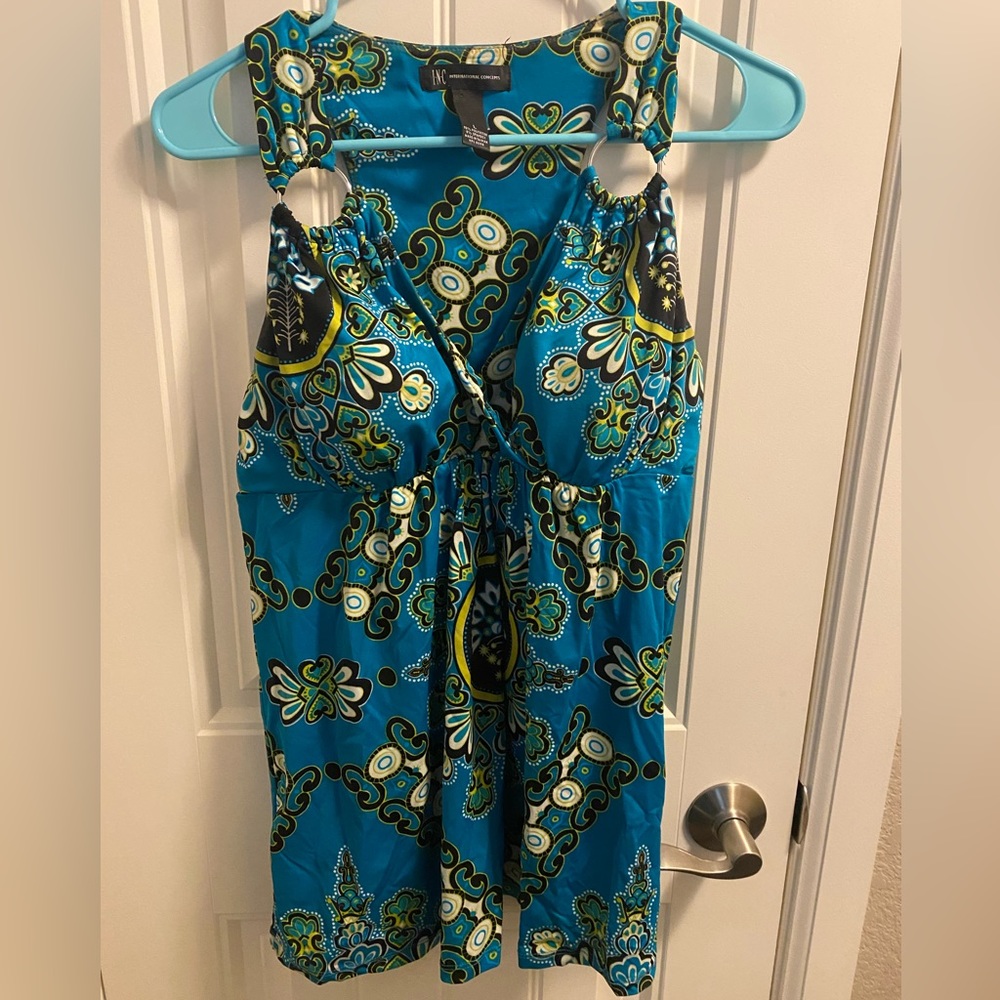 INC International Concepts L Top Halter Stretch Blouse Tankini Blue Black